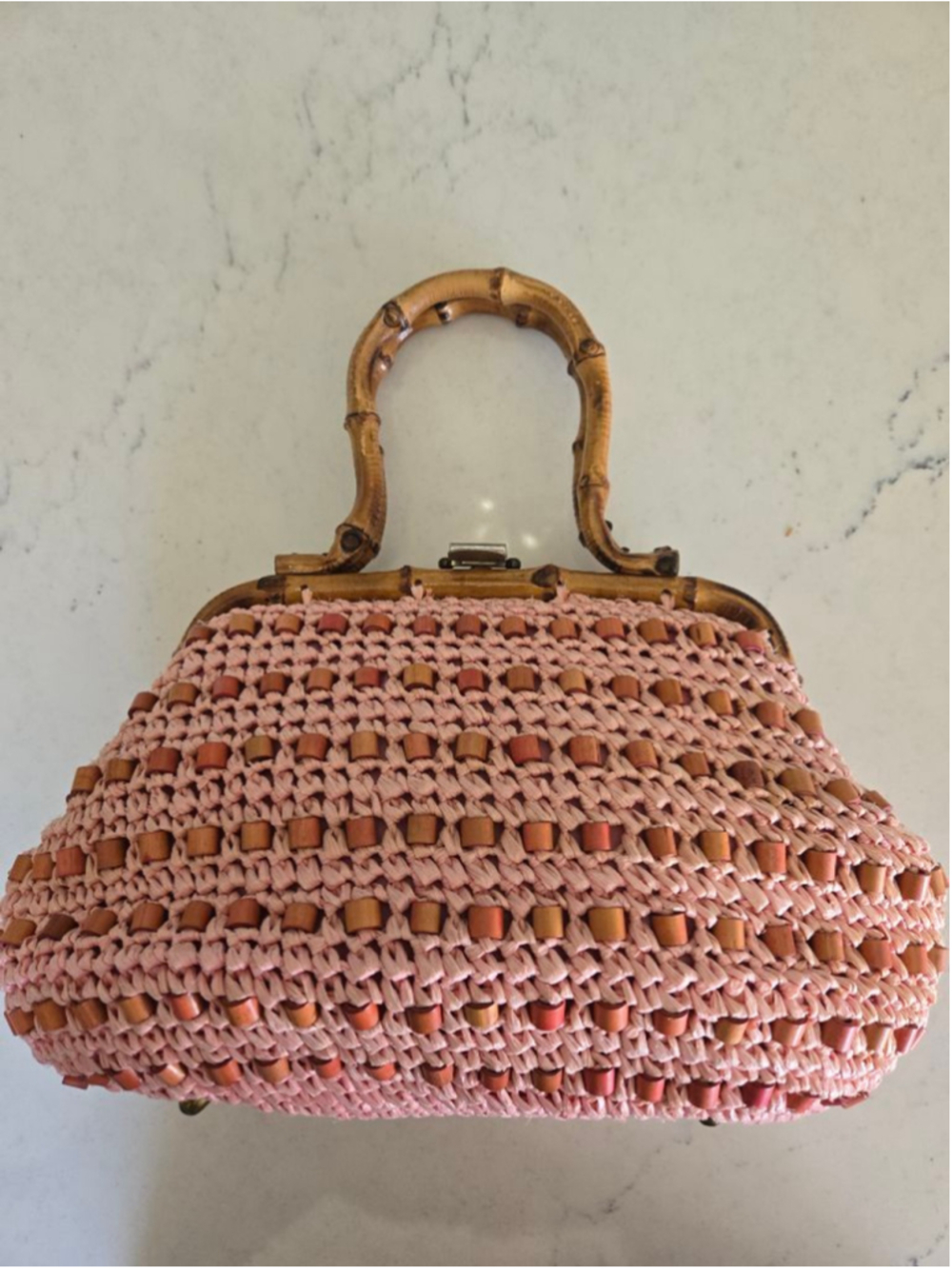 Vintage Gaymode Made in Japan Pink Raffia Bamboo Handle Handbag